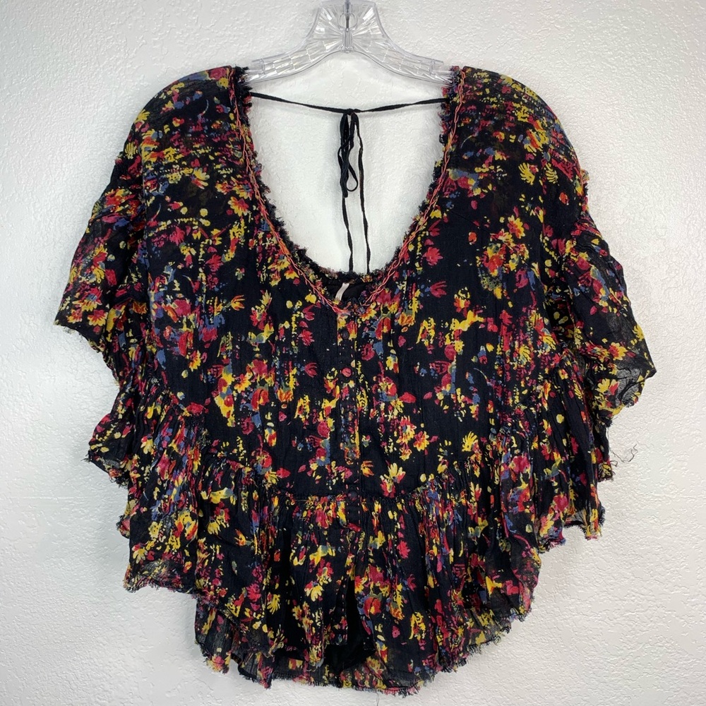 Free people black floral print boho style shirt